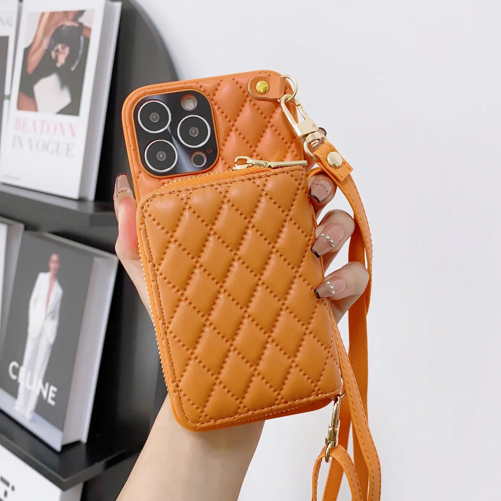 Diamond Lattice Zipper Leather Purse iPhone Case