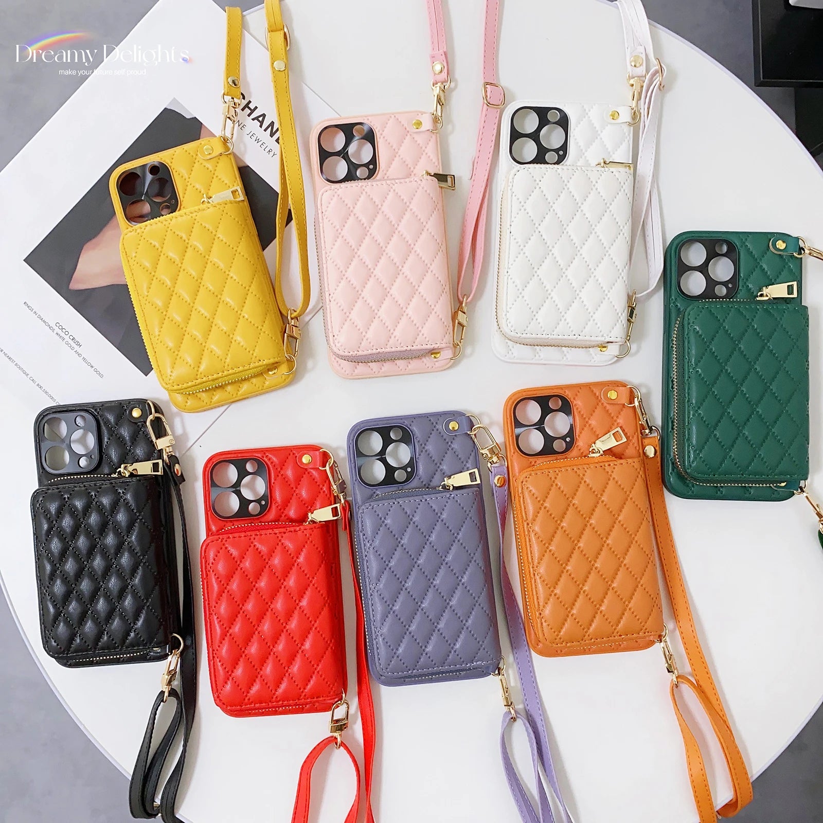 Diamond Lattice Zipper Leather Purse iPhone Case